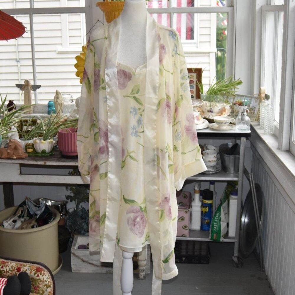 Vintage 80s Lord & Taylor Nightgown Robe Set L Floral Chiffon Peignoir